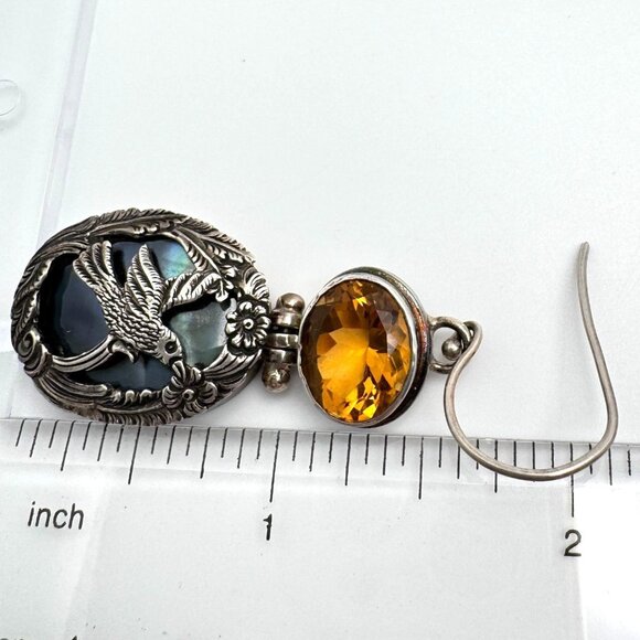 Citrine Mop Shell Sterling Silver Bird Floral Earrings Gemstone Drops 18 Grams - Picture 5 of 11